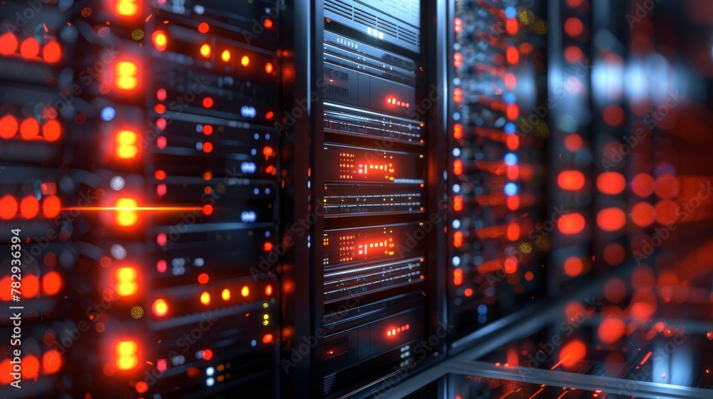 Aufkleber The racks of servers in a server room in a data center for computer security, rendered in 3D.