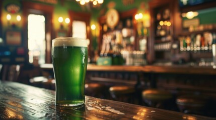 A refreshing green beer on a rustic wooden bar, perfect for St. Patrick's Day celebrations - obrazy, fototapety, plakaty