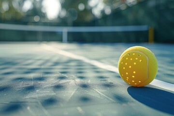 Yellow pickleball ball close-up on a pickleball court, with space for text. Beautiful simple AI generated image in 4K, unique. - obrazy, fototapety, plakaty