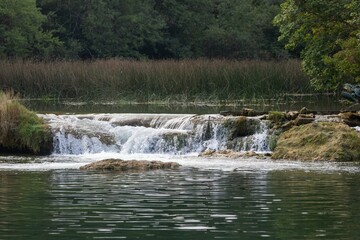 Scenic view of a river flowing through waterfall rocks in a green forest in Croatia