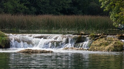 Obraz premium Scenic view of a river flowing through waterfall rocks in a green forest in Croatia