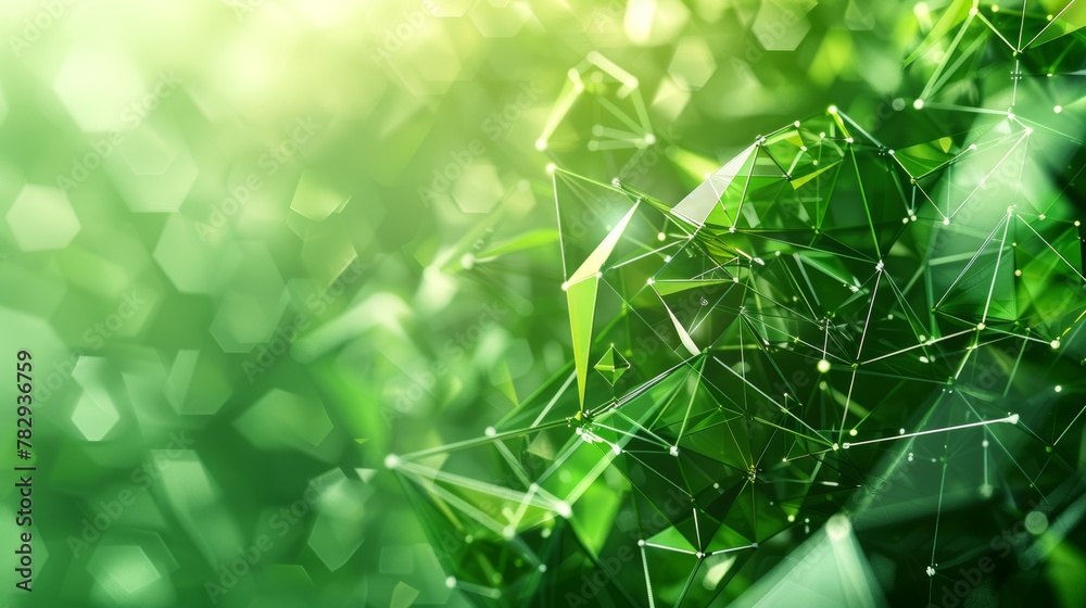 Poster Abstract background with green polygons and triangles. Concept of the future. Toned double exposure rendering in 3D.