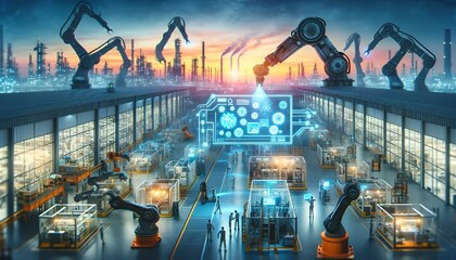 industrial robots and equipment in a factory with glowing images and words