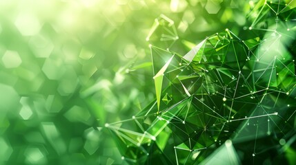 Abstract background with green polygons and triangles. Concept of the future. Toned double exposure rendering in 3D. - obrazy, fototapety, plakaty