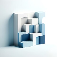 a white and blue geometric wall with cubes stacked on top