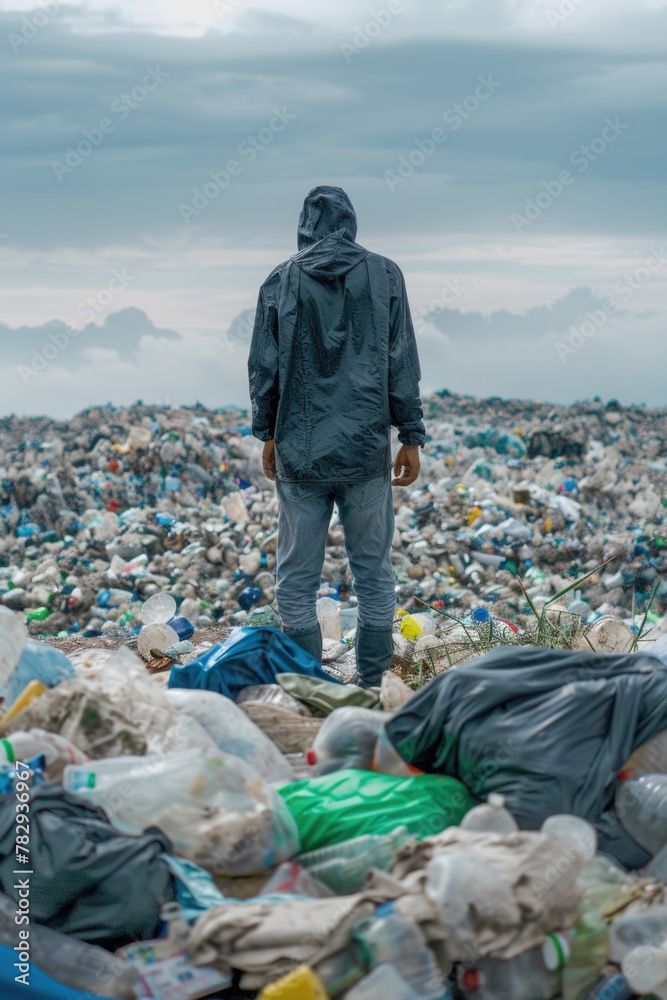 Poster a man standing on top of a pile of garbage. suitable for environmental concepts