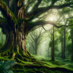 An ancient tree with a thick trunk and sprawling branches, standing tall in a lush forest, exuding an aura of wisdom and timelessness.