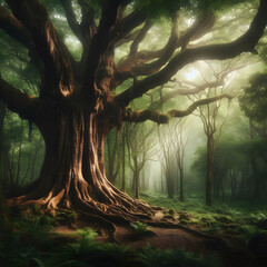 An ancient tree with a thick trunk and sprawling branches, standing tall in a lush forest, exuding an aura of wisdom and timelessness.