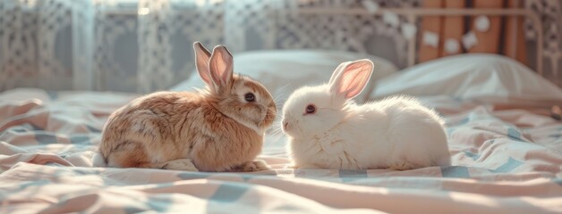 two playful bunnies frolicking on a cozy bed, a light brown, coat while sports white fur with delightful pink ears. Utilize soft pastel colors and evoke a charming cottagecore aesthetic.