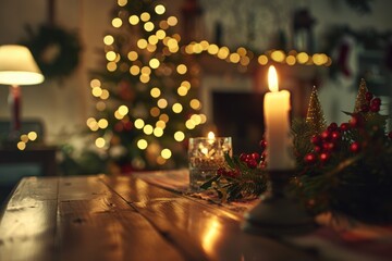 A wooden table adorned with candles beside a Christmas tree. Perfect for holiday celebrations