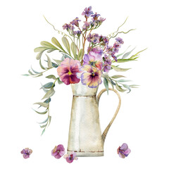 Hand drawn watercolor illustration botanical flowers leaves. Mauve pansy viola, locust indigo branch, willow eucalyptus, bergenia heliotrope, tendrils. Bouquet in jug isolated on white. Wedding, cards © Elena