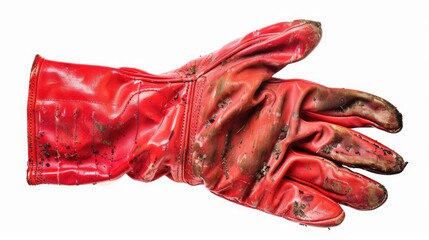 A red glove with dirt on it, suitable for industrial or outdoor themes