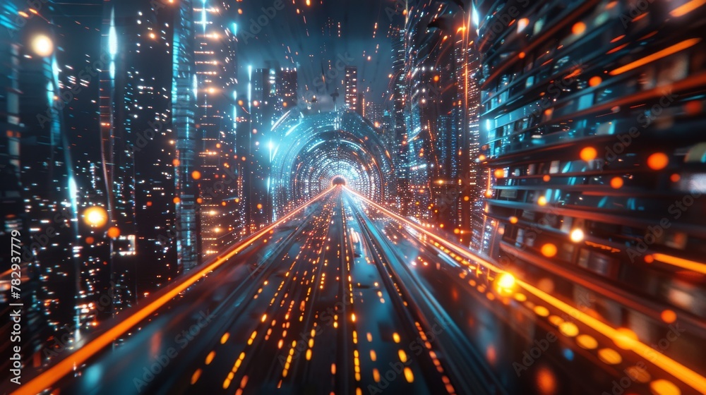 Poster warp speed in hyper loop with blurred light from buildings' lights at night in mega city. concept of