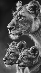 AI generated illustration of a monochrome drawing of a lion with cubs