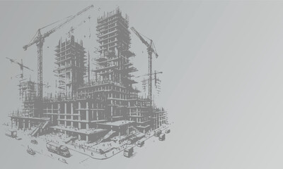 light gray background depicting modern house construction in vector stencil style