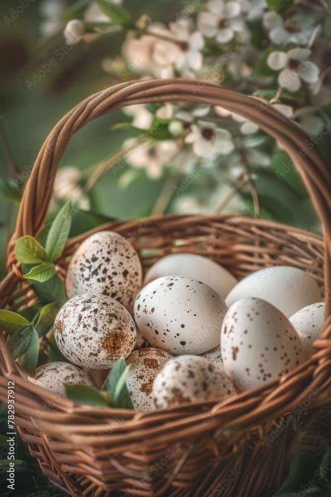 Poster a basket filled with eggs on a table, suitable for various concepts and designs