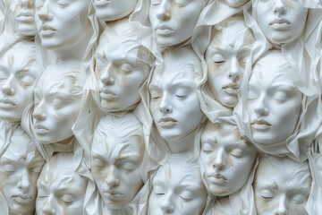 A collection of emotionless white masks on a white wall