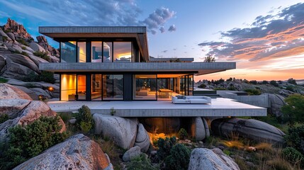 AI generated illustration of a house with big rocks in front at sunset - obrazy, fototapety, plakaty