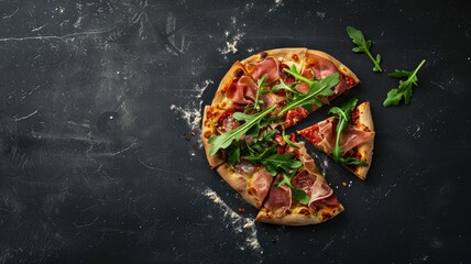 two gourmet pizza slices adorned with savory prosciutto and fresh arugula, elegantly arranged in a...