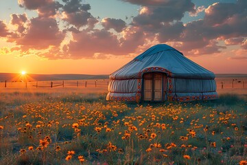 AI generated illustration of a traditional yurt during sunset - obrazy, fototapety, plakaty