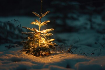 A small Christmas tree glowing in the snow, perfect for holiday designs