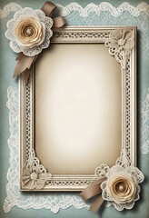 vintage frame with lace and roses on blue background
