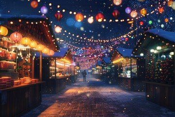 A vibrant street adorned with twinkling Christmas lights. Ideal for holiday-themed designs