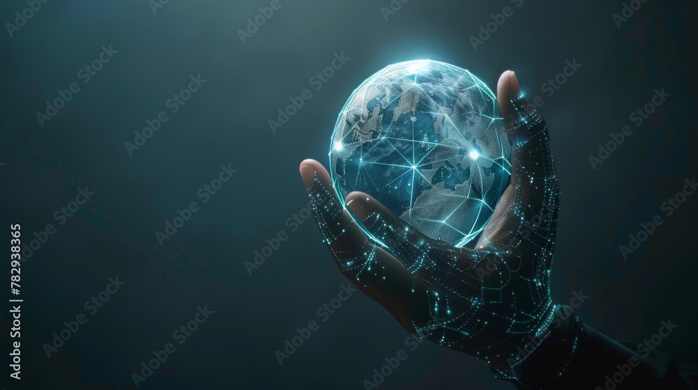 Poster iot concept, graphic of artificial intelligence grabbing futuristic globe in hand