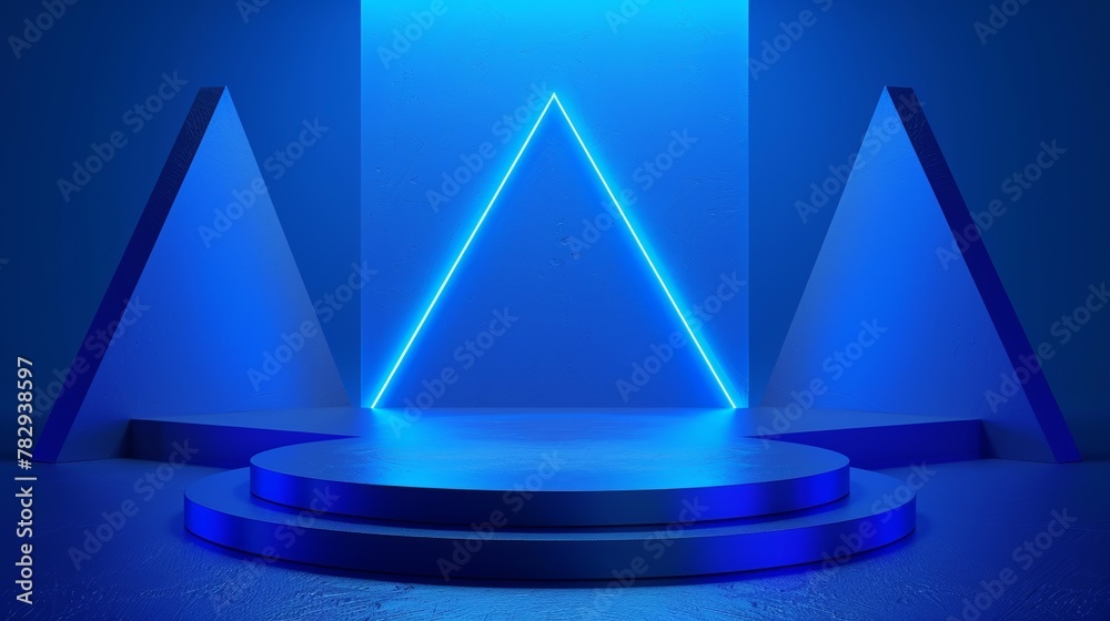Fototapete a futuristic podium in 3d for displaying technology products on a blue background with triangular li