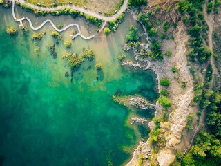 Drone shot of turquoise water and a wooden bridge at Park Grodek, Jaworzno, Poland