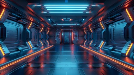 A futuristic interior with an empty stage. An empty stage with modern futuristic background. A technology sci-fi hi tech concept. 3D rendered... - obrazy, fototapety, plakaty