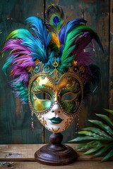 Close up of a mask on a wooden table, suitable for Halloween or mysterious themes