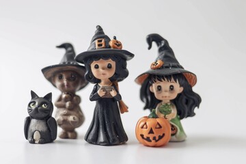 Group of witch and cat figurines, perfect for Halloween decorations