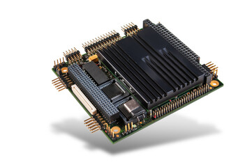 Close-up of an embedded PC/104+ CPU module with integrated chips and connectors, isolated on a...