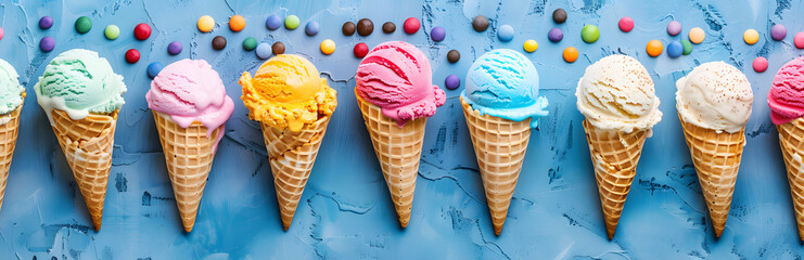 Ice cream. Various of ice cream in cones. Sweet background