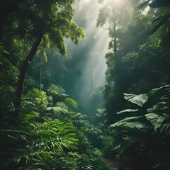 AI generated illustration of sunlight shining through mist in a lush jungle