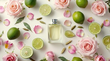 delicate pink roses, zesty lime slices, and aromatic cardamom pods, set against a pristine white background with a captivating perfume bottle as the focal point.