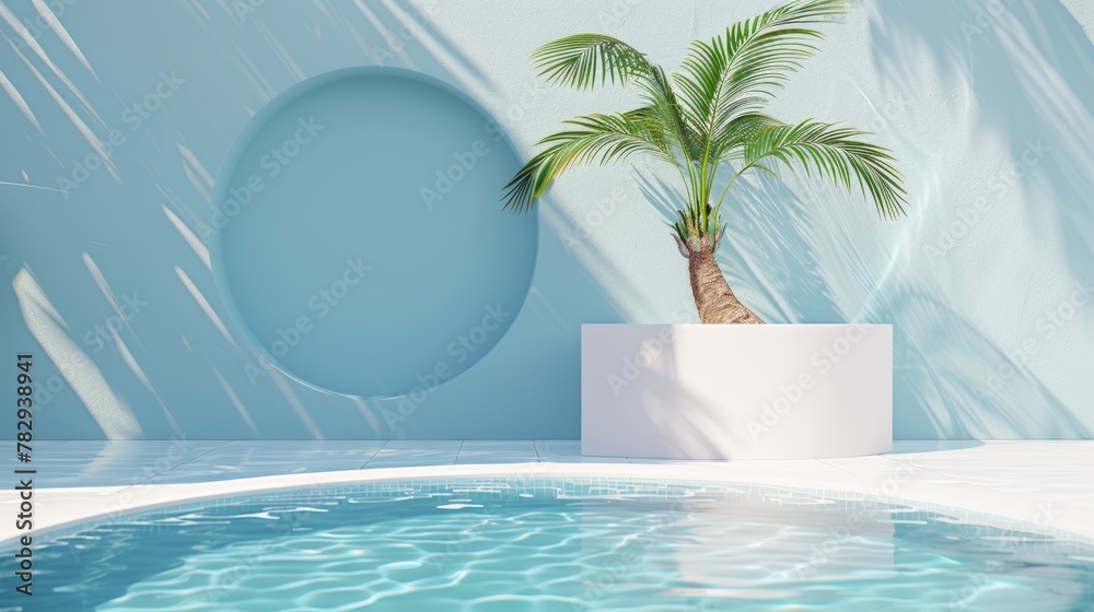 Aufkleber Three-dimensional rendering of a summer pool scene with white board podium and palm tree.