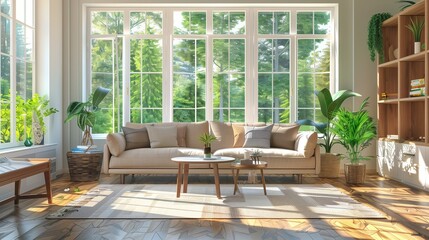 AI generated illustration of a spacious, modern, white, sunlit living room