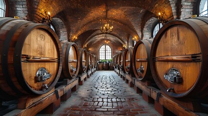 AI-generated illustration of a wine cellar with rows of barrels - obrazy, fototapety, plakaty