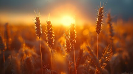 AI-generated illustration of the sun illuminating a golden wheat field - obrazy, fototapety, plakaty