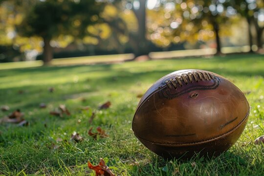 Close-up of a football resting on the football field, capturing the texture and details of the game. Beautiful simple AI generated image in 4K, unique.