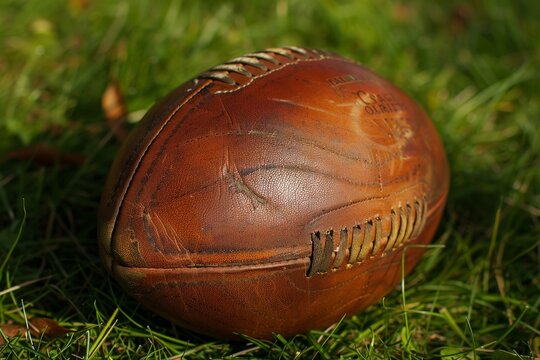 Close-up of an American football ball on grass. Beautiful simple AI generated image in 4K, unique.