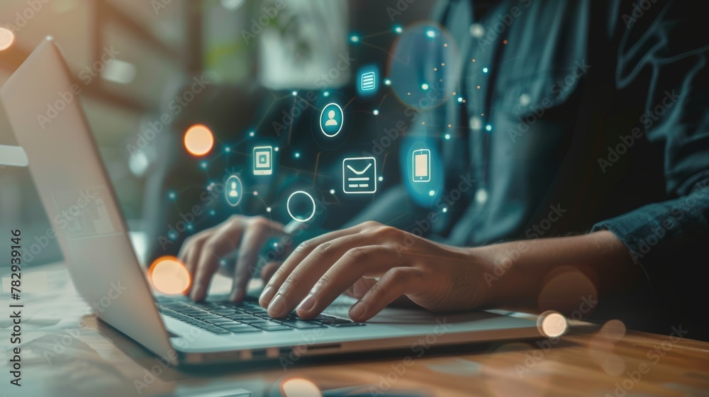 Aufkleber Document management and ERP concept. Businessman using laptop computer with icons on virtual screen and blurry background.