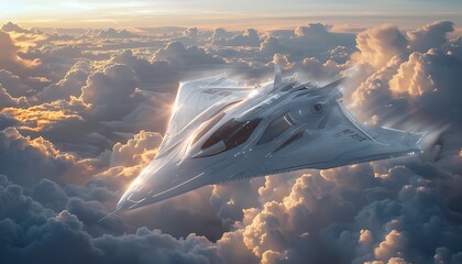 Digital illustration Futuristic aircraft speeds through clouds with streamlined design, highlighting sleek curves & aerodynamics for efficiency - obrazy, fototapety, plakaty