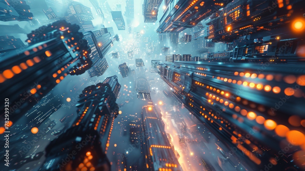 Aufkleber A technological megacity with futuristic technology concepts and original 3D renderings