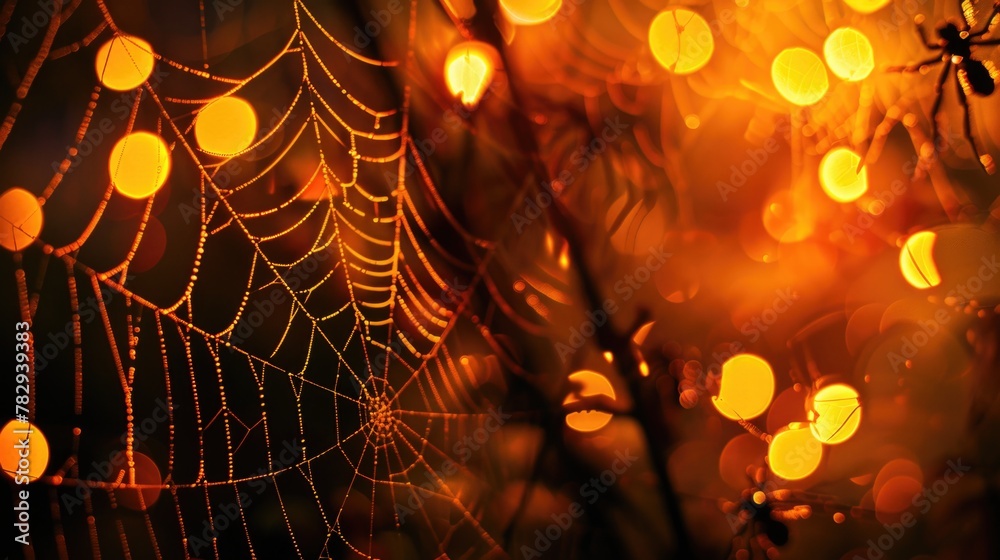 Poster close-up of a spider web covered in water droplets. perfect for nature and macro photography project