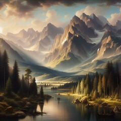 AI generated illustration of a scenic view of sunset over mountains and lake