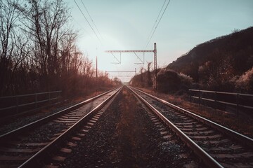 Fall scene with railway tracks surrounded by bare trees and hills during the daytime - Powered by Adobe