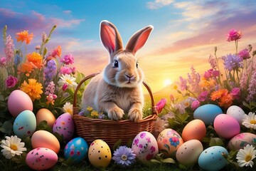 Fototapeta na wymiar Easter bunny with a basket overflowing with vibrant, hand-painted eggs, through wildflowers